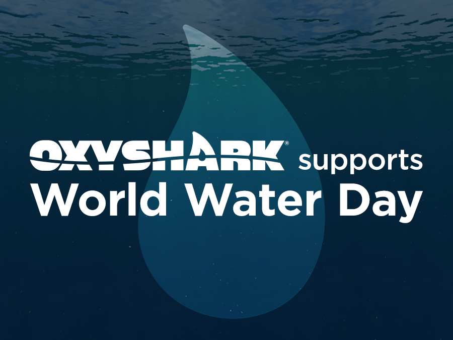 oxyshark supports world water day text on background of water